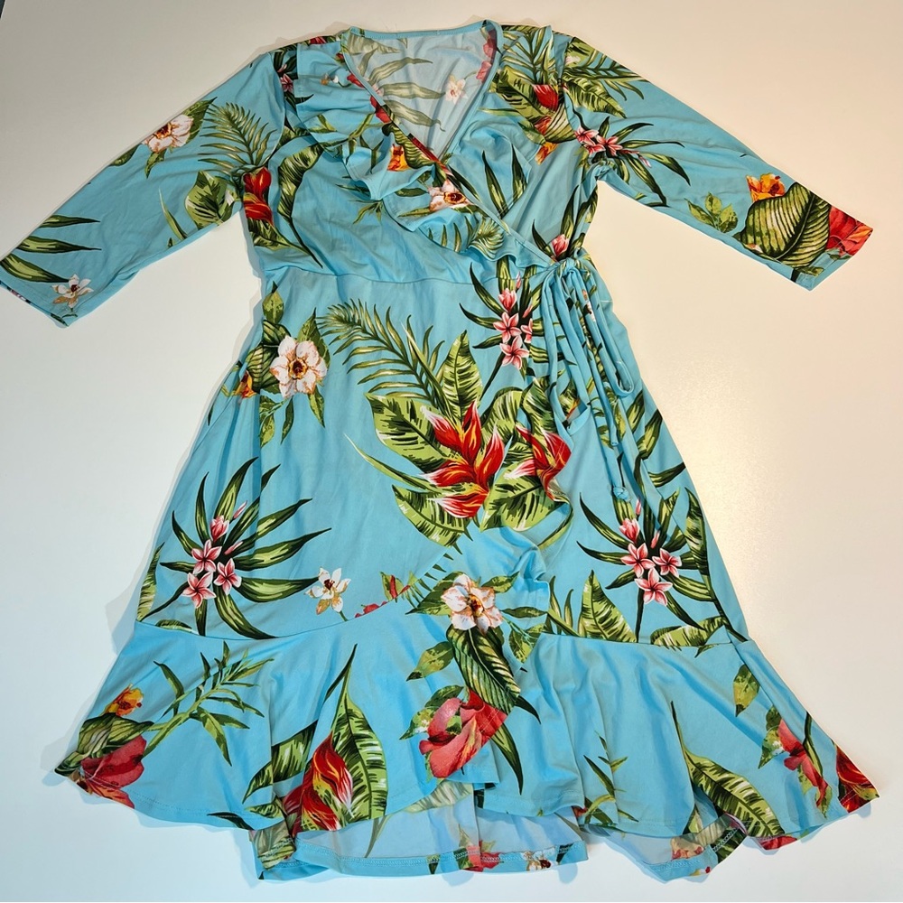 Boho Beachy Coastal Summer Floral Faux Wrap Dress Size XL Vacation Resort Wear